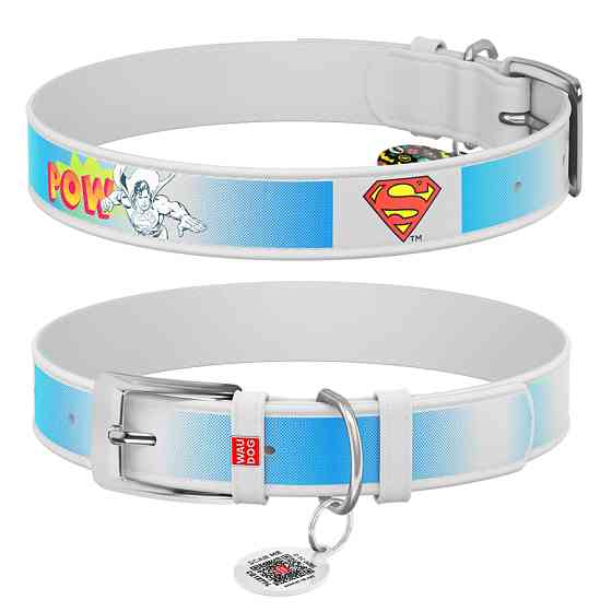 Нашийник для собак шкіряний WAUDOG Design з QR паспортом, малюнок "Супермен2", Ш 15 мм, Дов 26- Коломыя