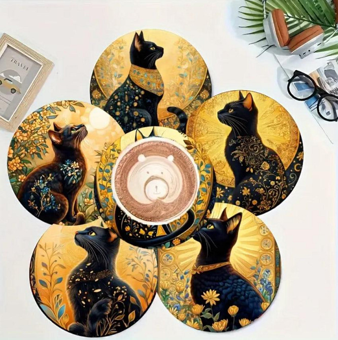 Набір із 6 дерев'яних підставок під чашку "Чорний кіт" (10 см), підставка під гаряче. Київ - фото 5