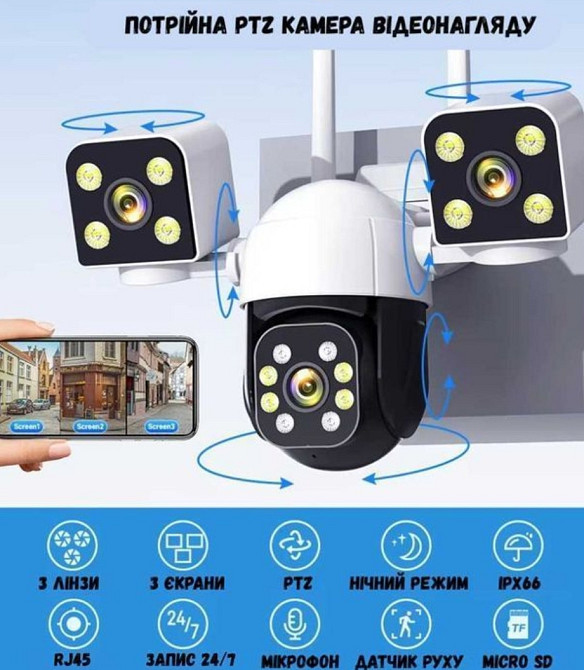Уличная IP wifi Камера видеонаблюдения на три линзы V380 тройная SC05. Харьков - изображение 3