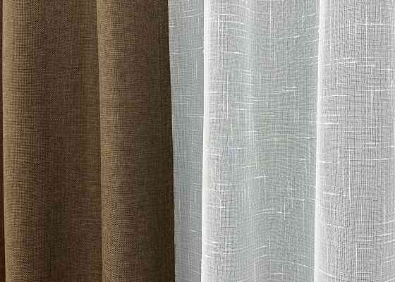 Комплект штор VR-Textil Лен Мешковина 150х270 2шт и Тюль 600х270 1476ш-115т Коричневый с белым 71-028/5 Киев