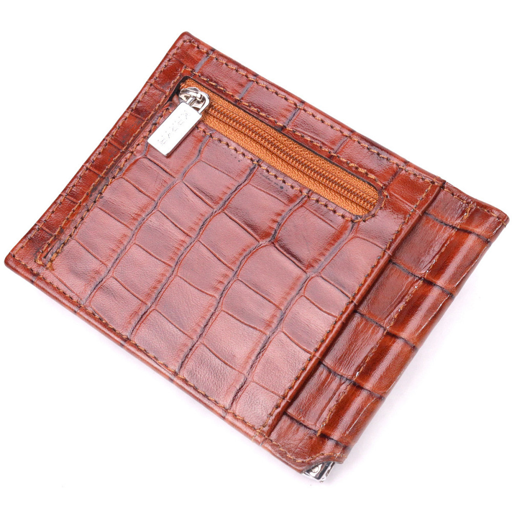 Фактурний затискач для чоловіків з натуральної шкіри з тисненням під крокодила KARYA 21418 Рудий Київ - фото 2