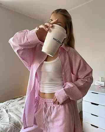 Женский стильный повседневный костм двойка лен- коттон полоска Одесса