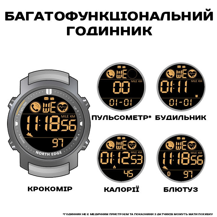 Годинник чоловічий водостійкий тактичний North Edge Laker Iron Edition (2 ремінці) Чорний Вінниця - фото 4