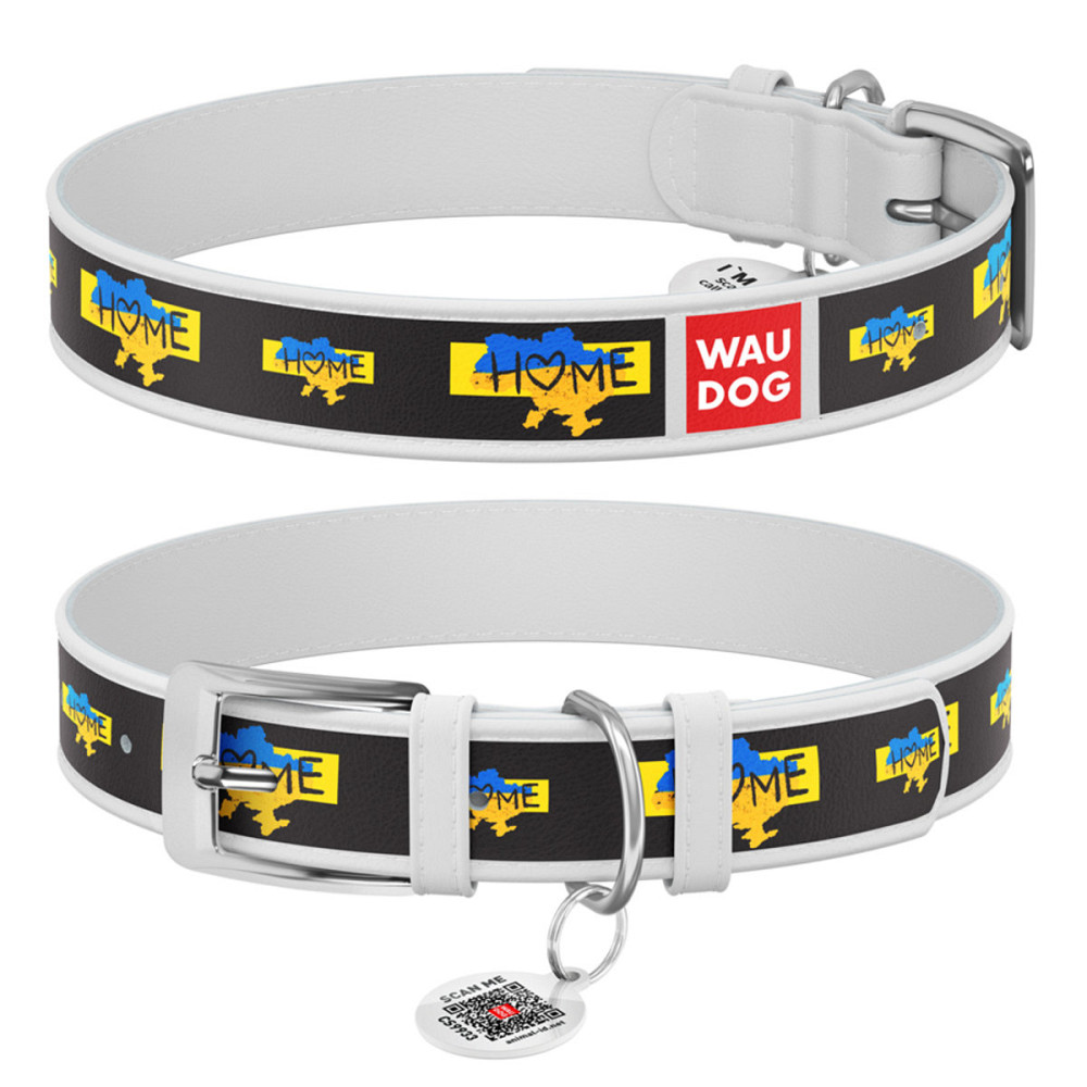 Нашийник для собак шкіряний WAUDOG Design з QR паспортом, малюнок "Дім", XL, Ш 35 мм, Дов 46-59 см, білий Київ - фото 1