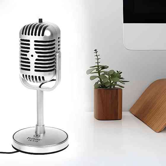 Ретро-мікрофон для стримів і подкастів RESTEQ — всеспрямований мікрофон з вимикачем, стильний сріблястий дизайн Київ