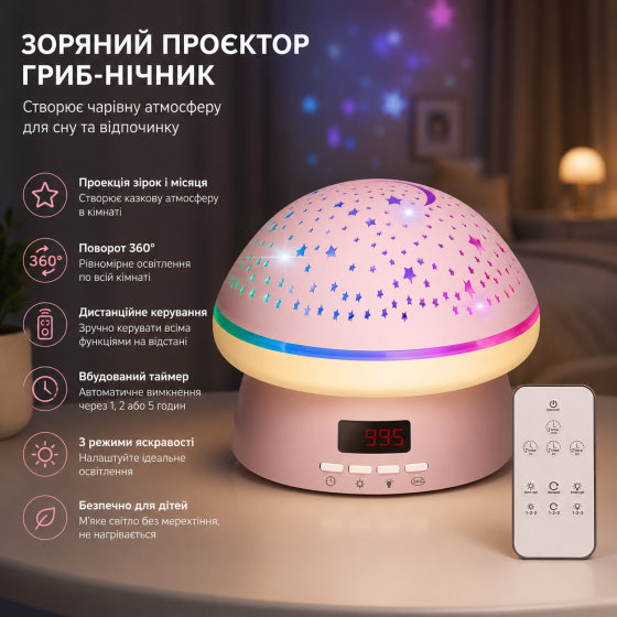 Уцінка: Зоряний проектор Гриб-нічник для дітей PLAYZH з таймером, дистанційним керуванням, поворотом 360° Київ