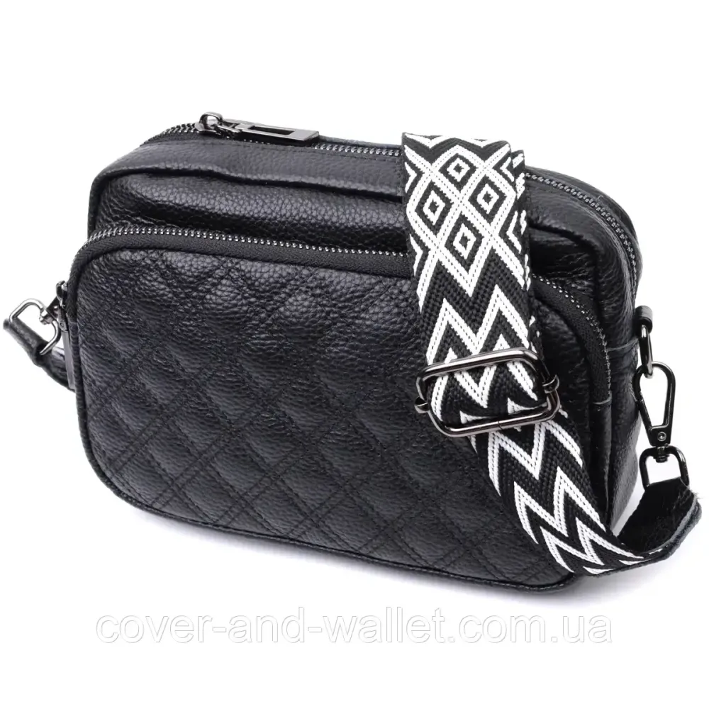 Стильна жіноча сумка чорного кольору із  натуральной шкіри в ромб Київ - фото 1