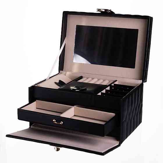 Скринька для прикрас з еко шкіри 3 яруси з дзеркалом органайзер для ювелірних виробів Чорний Yiwu HP-5-17B Коломыя