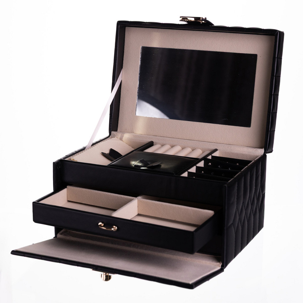 Скринька для прикрас з еко шкіри 3 яруси з дзеркалом органайзер для ювелірних виробів Чорний Yiwu HP-5-17B Коломыя - изображение 2