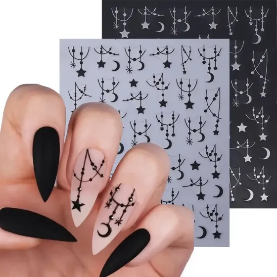 3D наклейки для ногтей в бохо стиле — луна, звезды, цепочки, черные + серебряные (2 листа) Киев
