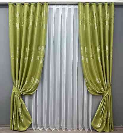 Комплект готових штор VR-Textil Льон Рогожка № 1784ш Оливковий 100х270 см 2 шт (31-015) Київ