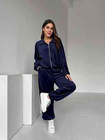 Жіночий прогулянковий костюм-двійка: кофта та штани з турецького велюру Синій, 46/48 Одеса