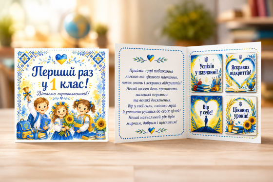Вітальна листівка "Перший раз у перший клас!" з міні шоколадом | Подарунок для школяра Одеса