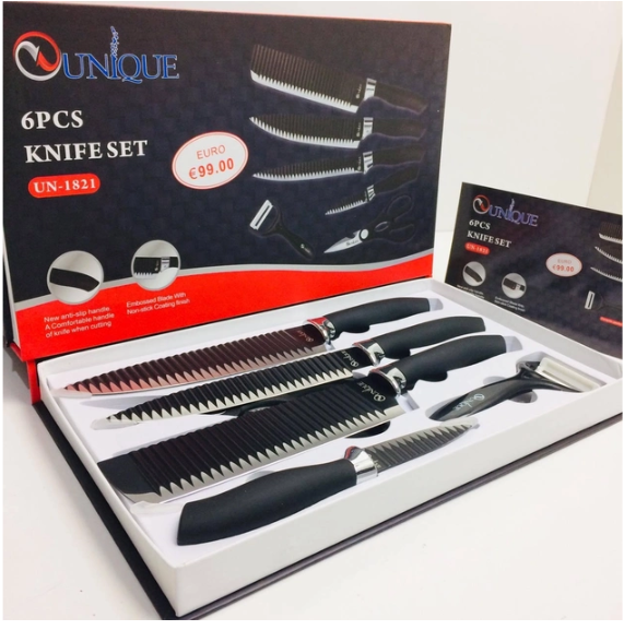 Набор ножей UNIQUE UN-1821 в подарочной коробке 6 предметов: поварской, хлебный, овощной нож, овощечистка, нож Одесса - изображение 1