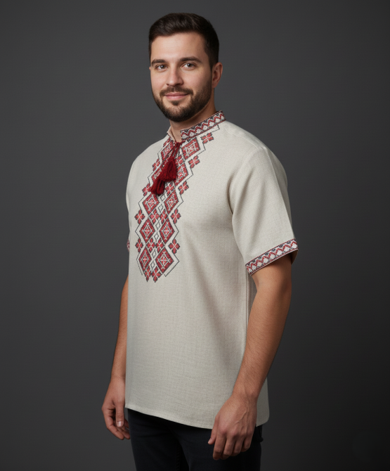 Лляна бежева чоловіча вишиванка на короткий рукав Святкова червона Київ - фото 2