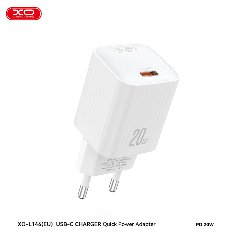 Мережевий зарядний пристрій XO L146 PD20W Single USB-C + Lightning cable білий Львів - фото 2