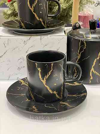ЧАЙНИЙ НАБІР 2 ЧАШКА 2 БЛЮДЦІ "МРАМОРНА РОЗКОШИЙ" 220 мл Чорна З ЗОЛОТОМ Київ
