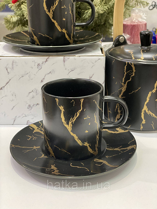 ЧАЙНИЙ НАБІР 2 ЧАШКА 2 БЛЮДЦІ "МРАМОРНА РОЗКОШИЙ" 220 мл Чорна З ЗОЛОТОМ Київ - фото 3