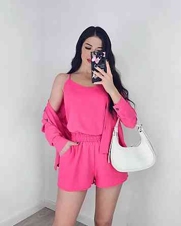 Жіночий легкий костюм-трійка: сорочка, майка та шорти креп жатка Малиновий, 44/46 Одеса
