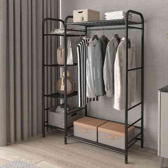 Прихожая Стеллаж для обвуви и одежды на 4 яруса с перекладиной для тремпелей и полкой, металлический,черный Каменец-Подольский