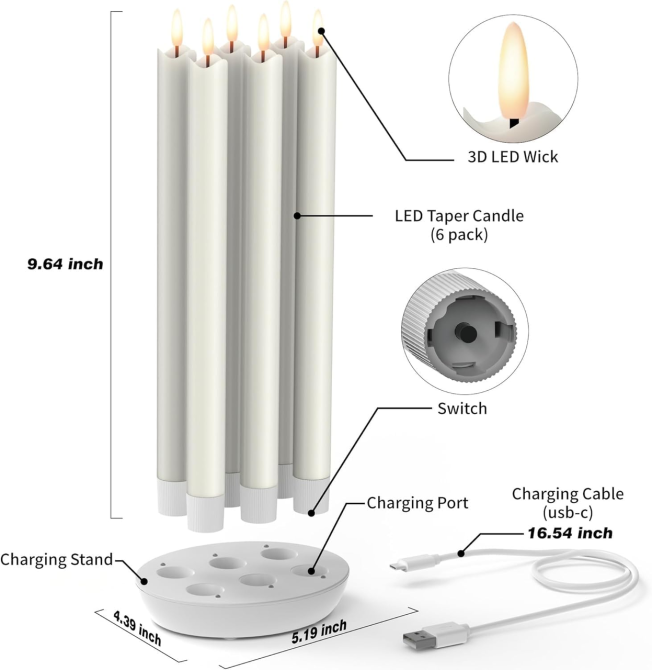 Аккумуляторные LED-свечи Eldnacele 6 шт, зарядная база USB-C, 3D-фитиль, пульт ДУ, таймер, настоящий воск Киев - изображение 7