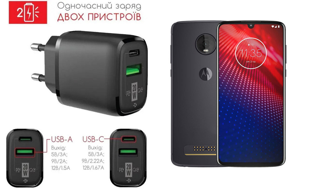 Сетевое зарядное устройство для Motorola Moto Z4, 20W 3A, Quick Charge 3.0 Киев - изображение 1