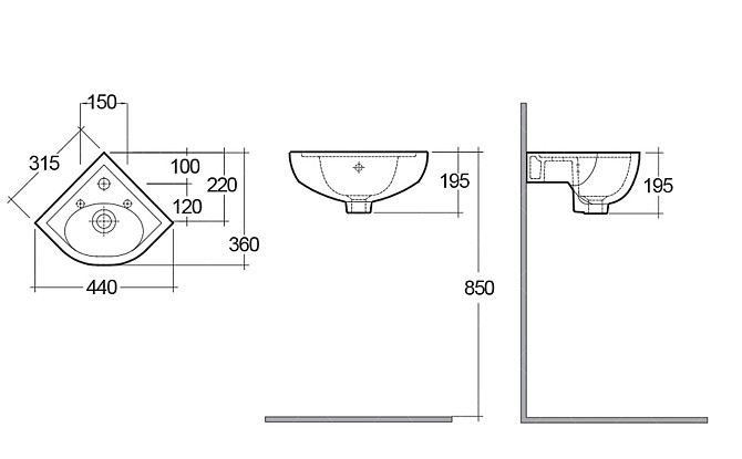 Угловая подвесная раковина RAK Ceramics Compact Corner 440x195x360 мм (RAK0048) Белый Винница - изображение 3