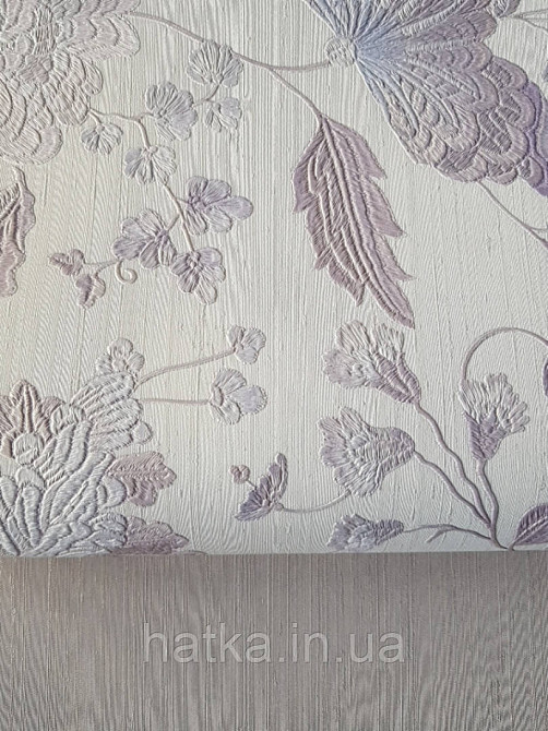 Шпалери вінілові на паперовій основі Sirpi Italian Silk 7 квіти листя гілки бузкові з сріблястим структурні Київ - фото 2