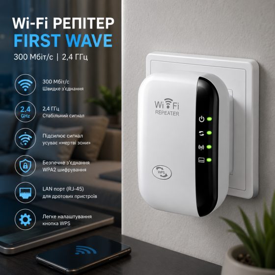 Wi-Fi репитер First Wave 300 Мбит/с, усилитель сигнала 2,4 ГГц, 802.11b/g/n, WPA2, RJ-45, английская вилка Киев