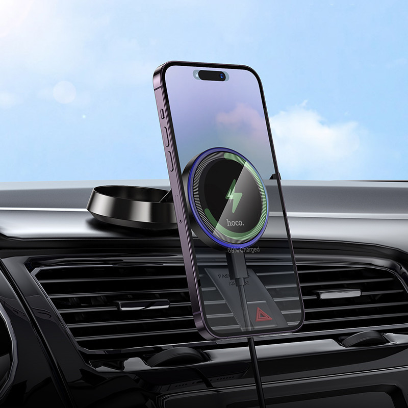 Автодержатель для телефона с БЗУ HOCO HW33 Metal ring magnetic wireless fast charging car holder (center console) Metal Grey Киев - изображение 7