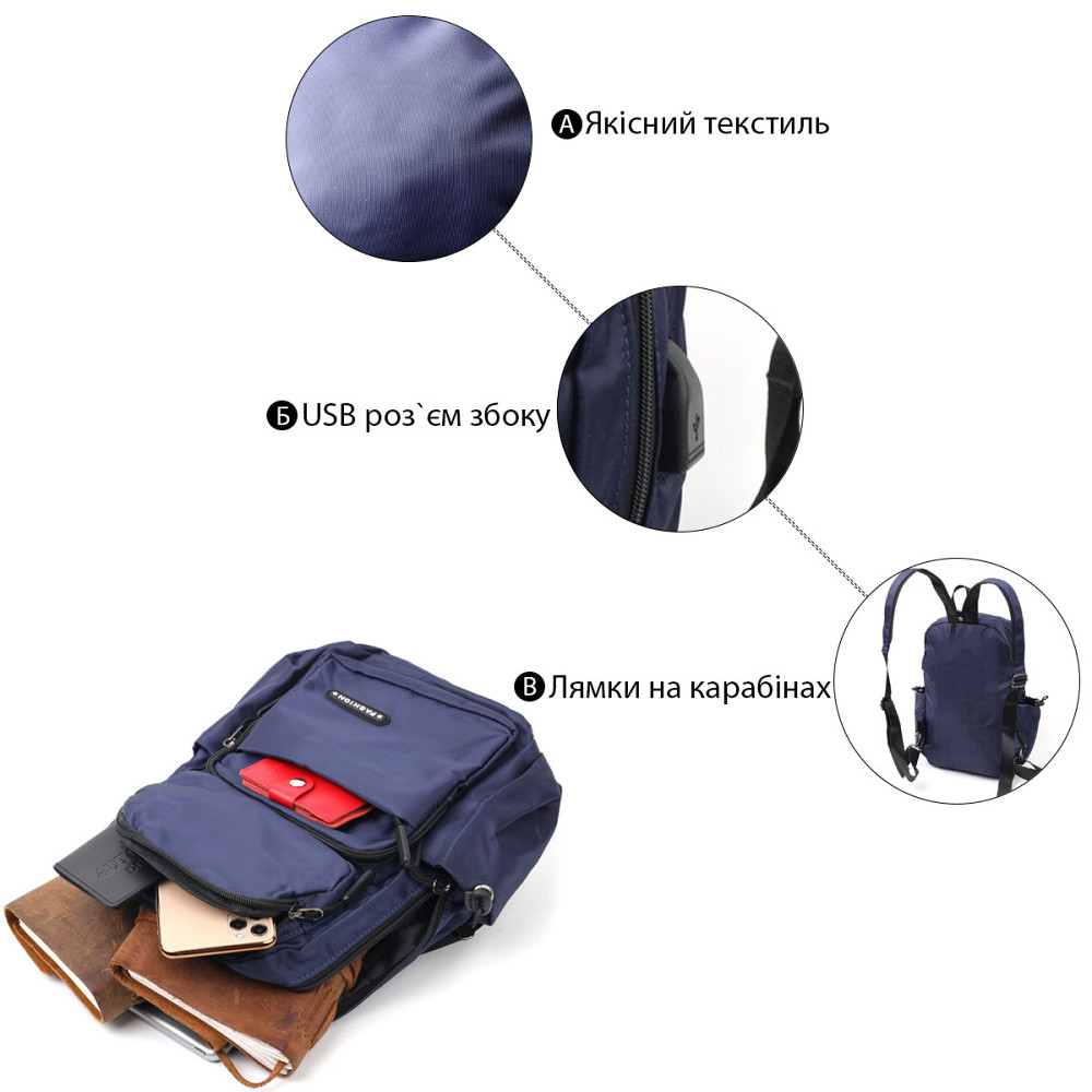 Многофункциональный мужской текстильный рюкзак Vintage 20575 Синий Киев - изображение 4