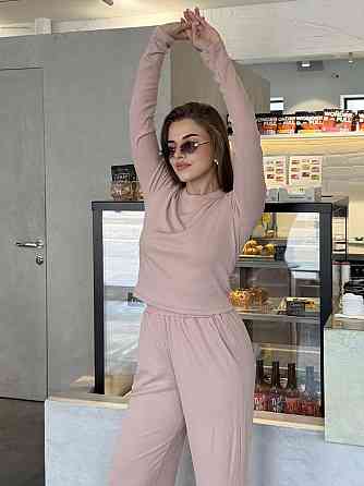 Женский костюм в рубчик с широкими штанами Бежевый XS/S Харьков