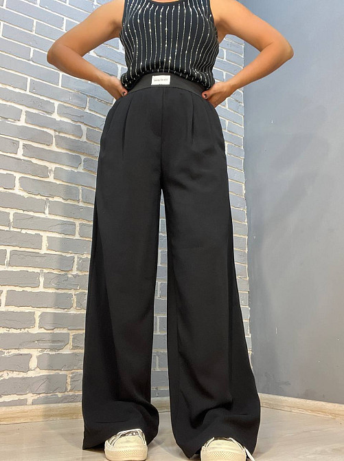 Брюки жіночі 0702 широкі прямі палаццо талія на резинці чорні, чорний, M Київ - фото 1