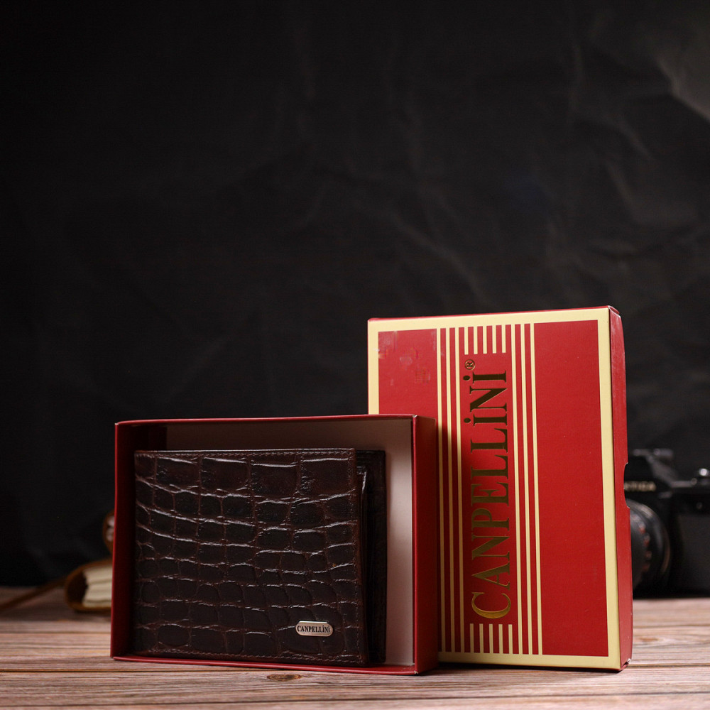 Модний горизонтальний чоловічий гаманець середнього розміру з натуральної шкіри з тисненням під крокодила CANPELLINI 21865 Київ - фото 1