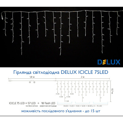 Гірлянда Delux Icicle 75LED 2x0.7m 18 flash теплий білий/білий IP44 EN (90012959) Вінниця - фото 3