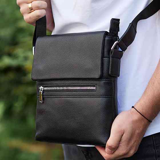 Чоловіча сумка-борсетка Tiding Bag (23 х 26 х 6 см) сумка месенджер через плече з натуральної шкіри Чорний Вінниця