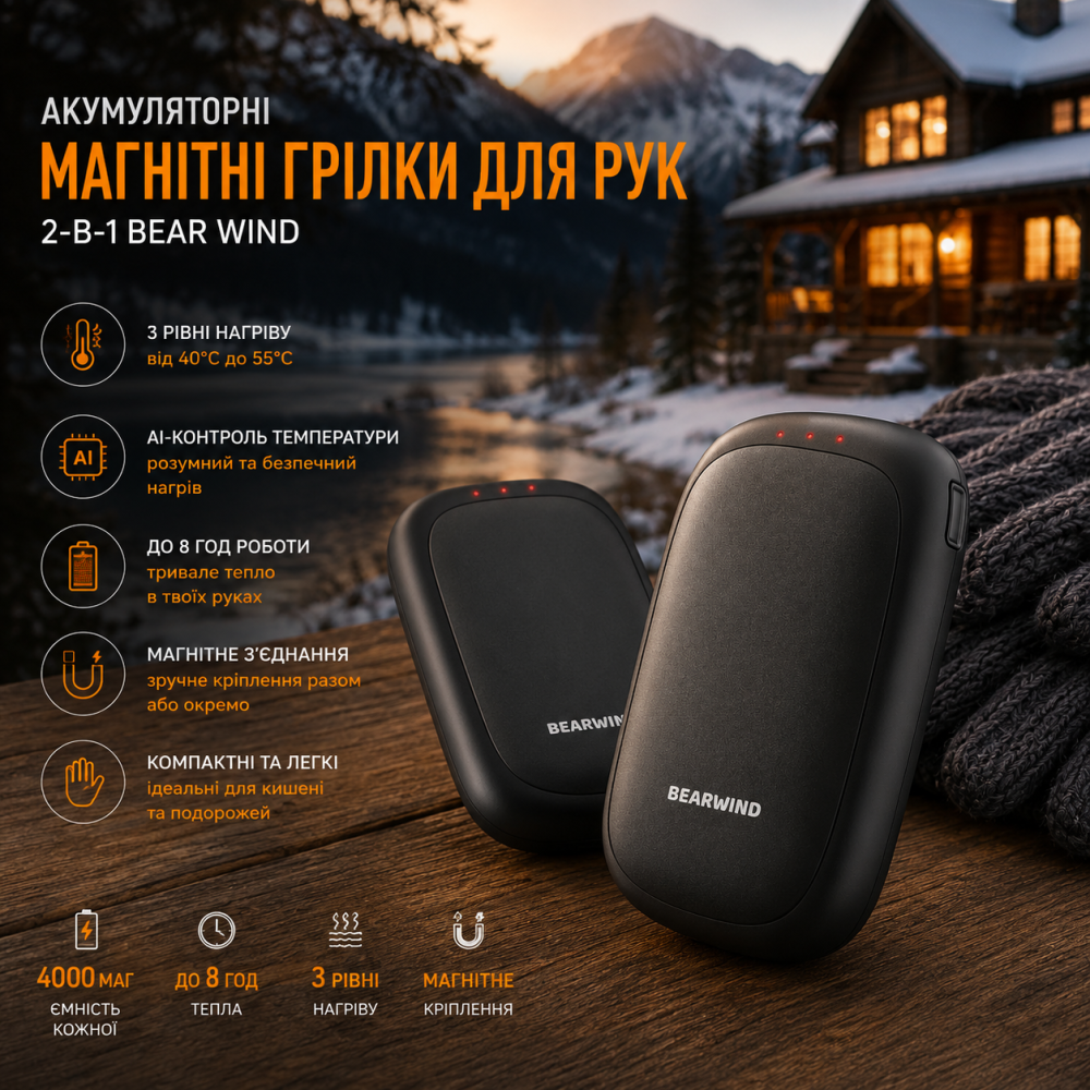 Акумуляторні магнітні грілки для рук 2-в-1 Bear Wind: 3 рівні нагріву, AI-контроль температури, до 8 год роботи Київ - фото 9