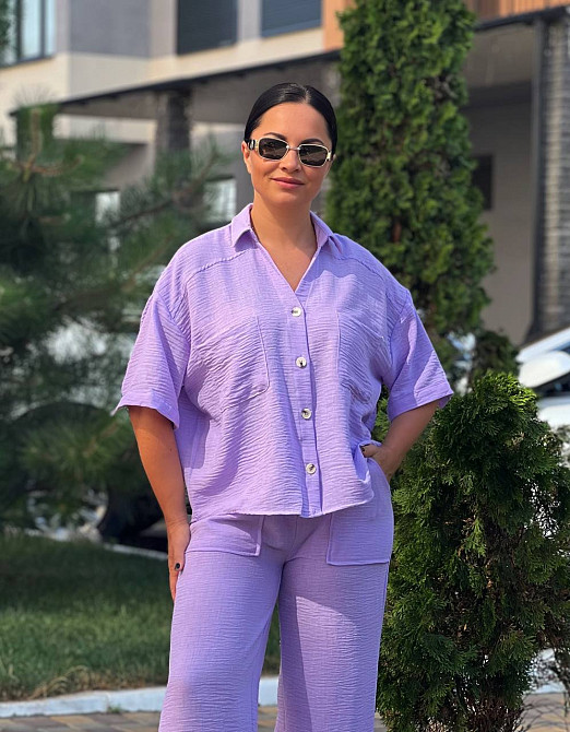 Костюм женский Mix Ray 4157 рубашка оверсайз брюки с разрезами побокам ровные от бедра сиреневый, сиреневый, L Киев - изображение 4