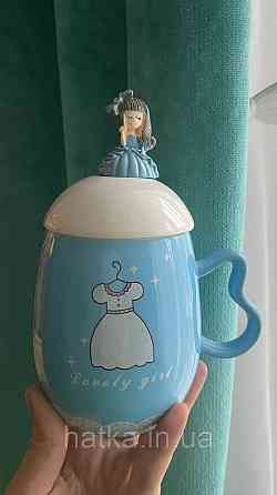 Кухоль чашка дитяча кераміка з кришкою і ложкою Olens "Принцеса" 360 мл блакитний Київ