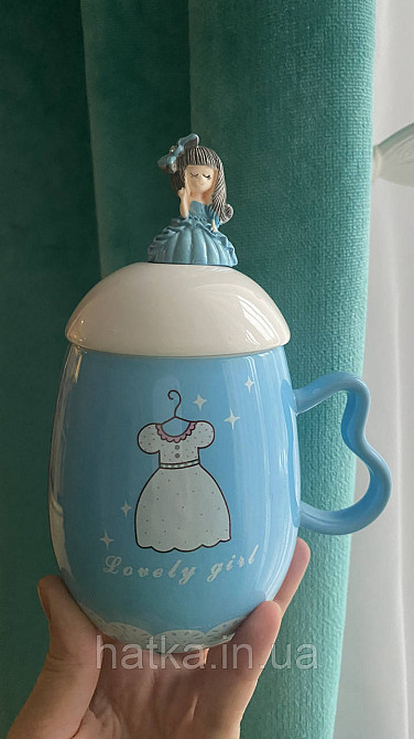 Кухоль чашка дитяча кераміка з кришкою і ложкою Olens "Принцеса" 360 мл блакитний Київ - фото 2