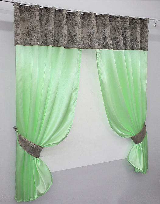 Кухонні штори VR-Textil № 073к з ламбрекеном і підхватами салатовий з кавово-сірим 275х170 см ( 52-0268) Київ - фото 2