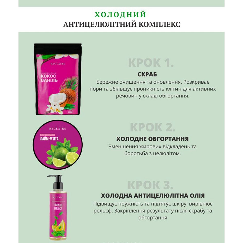 Холодный антицеллюлитный набор для похудения Скраб+Обертывание+Масло Reclaire cosmetics Киев - изображение 17