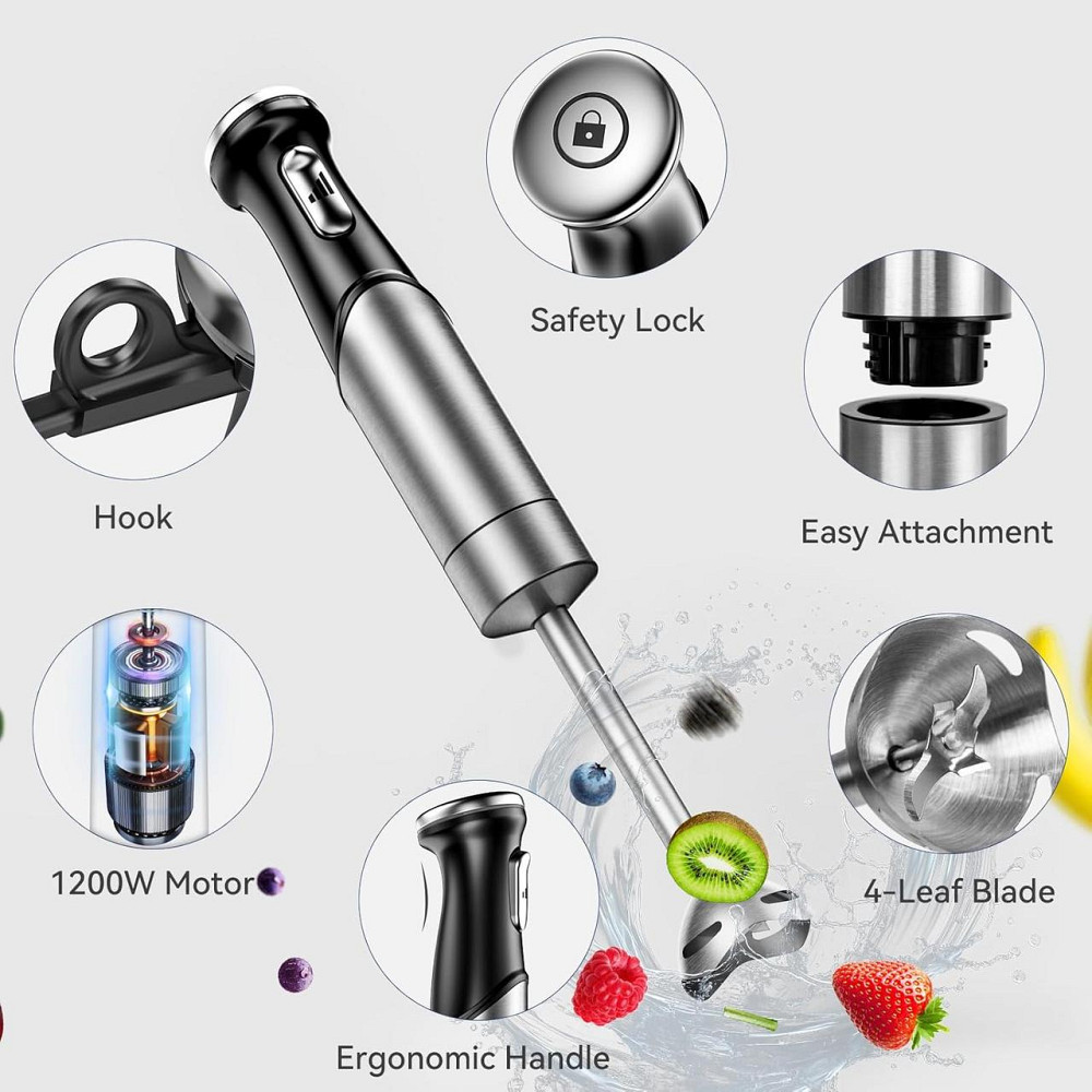 Ручной блендер UUOUU 5 в 1, 1200 Вт, из нержавеющей стали, для взбивания, смешивания и измельчения, 500 мл Киев - изображение 2