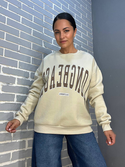 Свитшот женский Quzen 488 надпись впереди long beach флис утепленный светло бежевый, світло-бежевый, Одесса - изображение 3