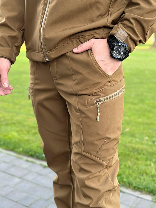 Военный мужской демисезонный костюм soft shell, тактическая койот форма с липучками для шевронов и капюшоном Львов - изображение 6