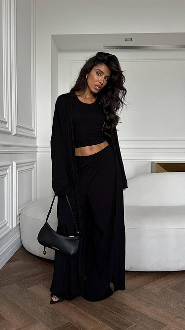 Женский базовый костюм тройка (кардиган+штаны+лонг) вискоза Черный, 46/50 Одесса - изображение 1