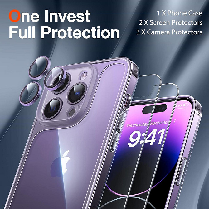 Набір LK [3-в-1] для iPhone 14 Pro: чохол, захист для об'єктива та 2 захисні стекла, [протиударний] [без пожовтіння], прозорий Київ - фото 4