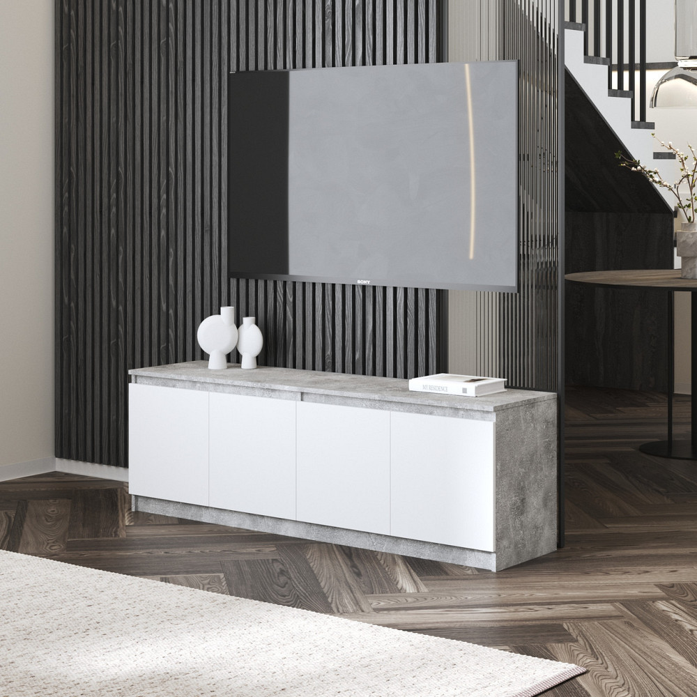 Тумба под телевизор VAYS в гостиную, современная с полками, без ручек R-31 Бетон-Белый фасад Львов - изображение 1