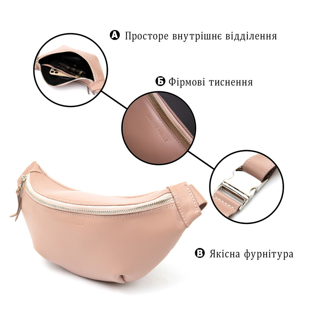 Практична шкіряна жіноча поясна сумка GRANDE PELLE 11359 Рожевий Київ - фото 6
