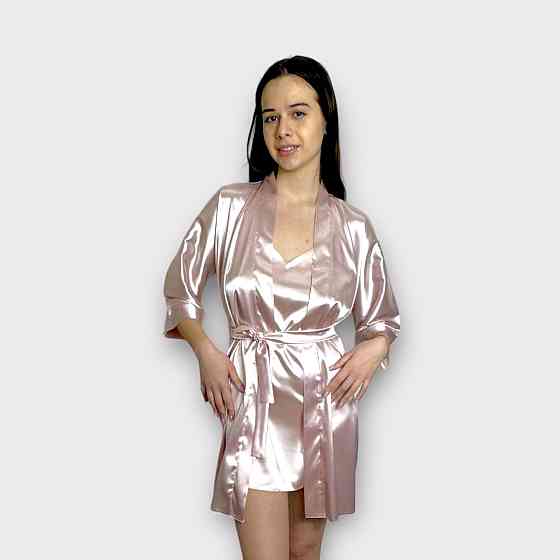 Атласна нічна сорочка з халатом Пудровий XL Харків